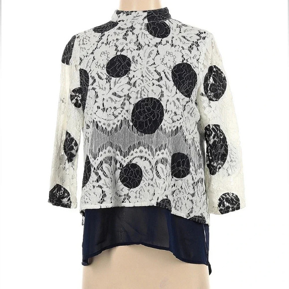 Anthropologie HD In Paris Rochelle Polka Dot Lace Top Blouse Navy Size 4 Small - Picture 3 of 8